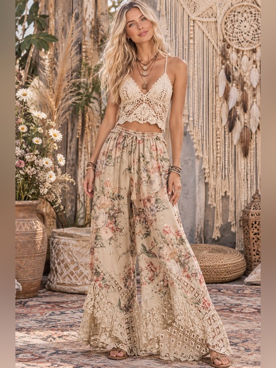 Bluevelvet Pants - Blue Velvet Boho Floral Wide-Leg Lace-Hem Pants in Beige